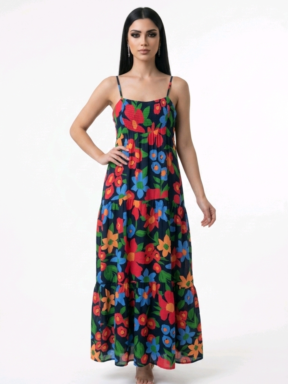 Skies Are Blue Navy Floral  Maxi Dress Size Lg Tiered Bright Boho Style